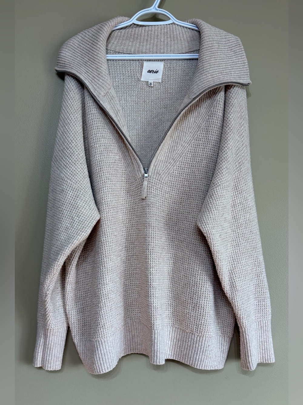 Aerie CozyUp Waffle Textured Quarter-Zip Sweater in Cream - Picture 6 of 11